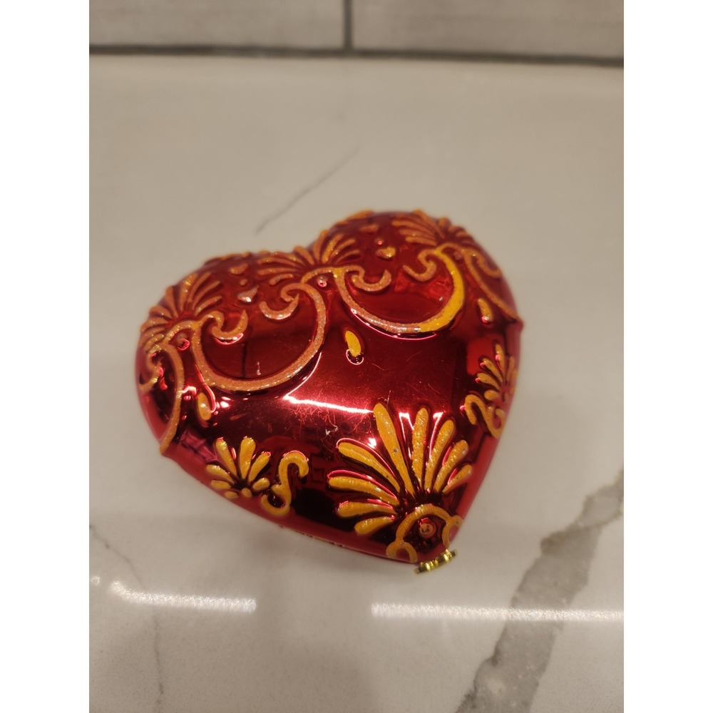 Vintage Christopher Radko‎ Red Gold Glitter Heart Hinged Trinket Box Jewelry Box
